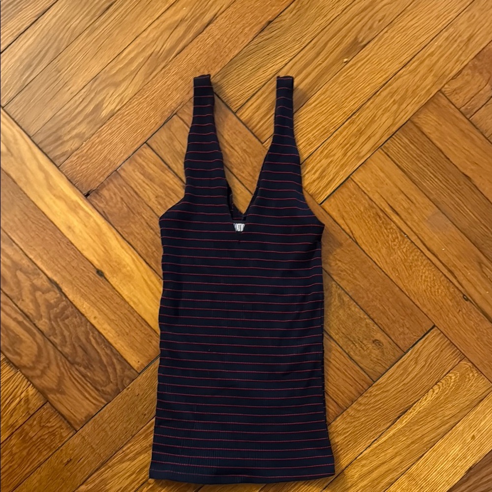 Striped V-Neck Women's Top - Reformation, Navy with Red Stripes